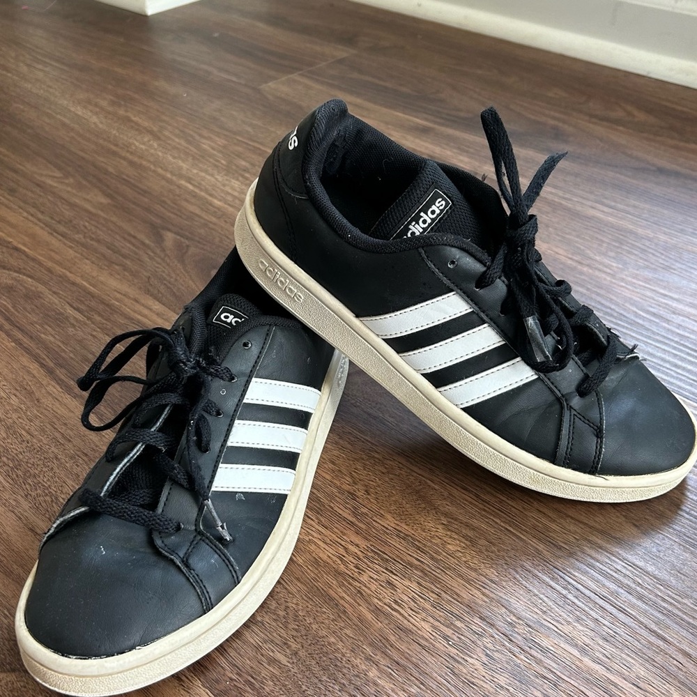 Adidas Logo Stripe Grand Court Sneakers Blokette Trainers Sporty Black Leather 7 - Picture 10 of 12